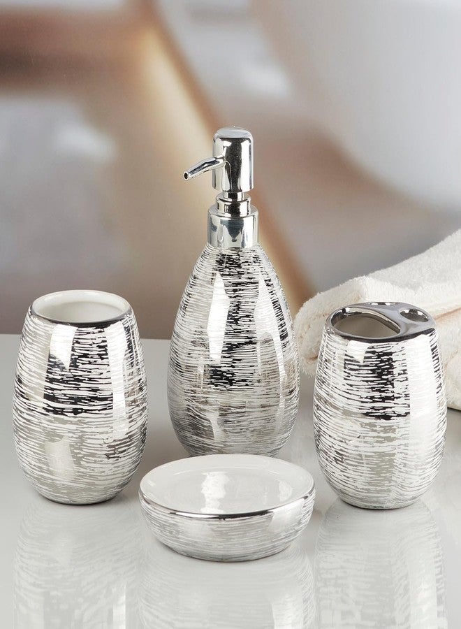 Kookee Ceramic Bathroom Set - Stylish 4 Piece Bath Accessories Kit with Soap Dispenser, Toothbrush Holder, Tumbler & Soap Dish - Modern & Designer Decor for Home & Guest Bathrooms, Silver (9751) - Image 4